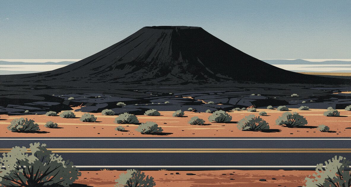 Amboy Crater cinder cone and lava field beside Route 66 in the Mojave Desert