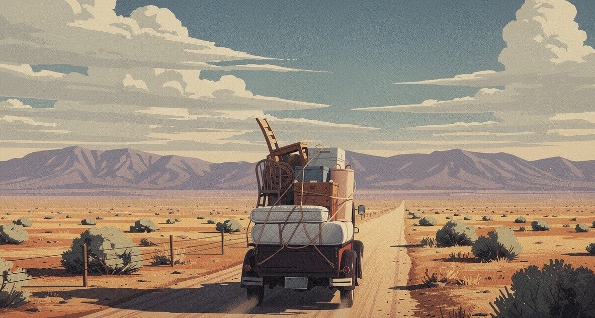 A 1930s pickup loaded with furniture heading west across the Mojave on Route 66 in California