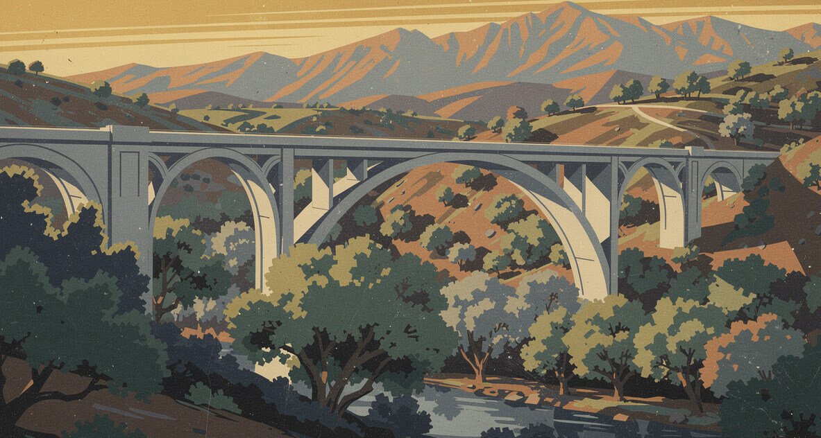 Concrete arch bridge over the Arroyo Seco in Pasadena below the San Gabriel Mountains