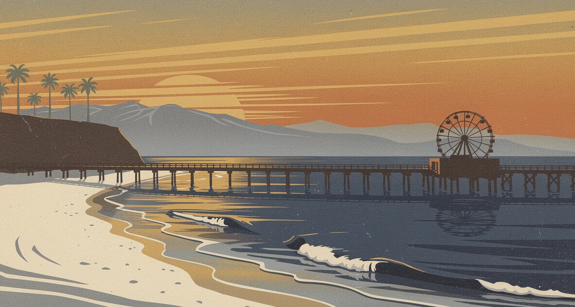 Santa Monica Pier at sunset, the popular end of Route 66 in California