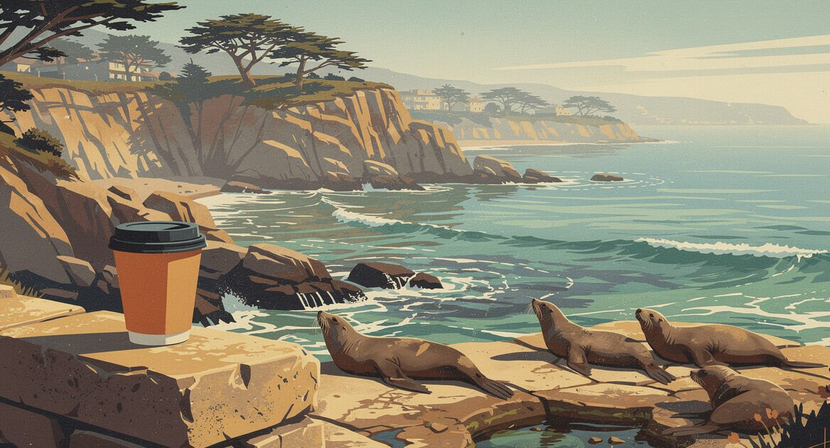 Coffee cup on the sandstone wall above La Jolla Cove with sea lions on the rocks