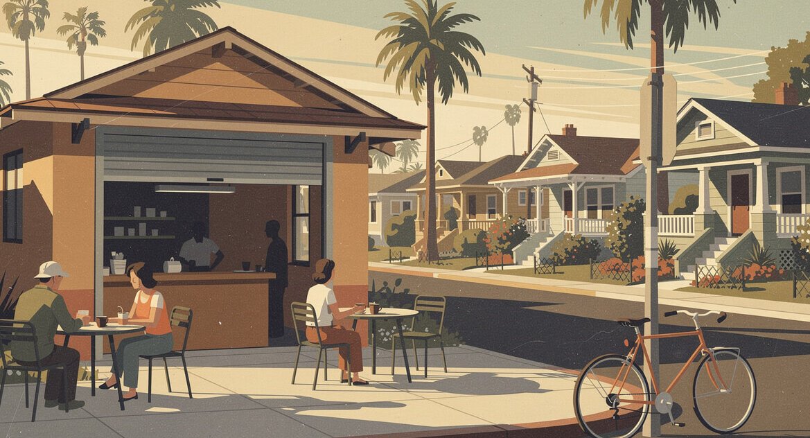 Corner coffee shop on a North Park street of craftsman bungalows and palms
