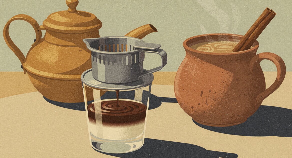 Vietnamese phin coffee dripping over condensed milk next to a clay mug of cafe de olla