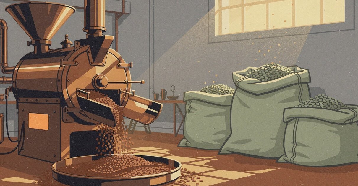 Small-batch coffee roaster dumping beans into the cooling tray at a San Diego roastery